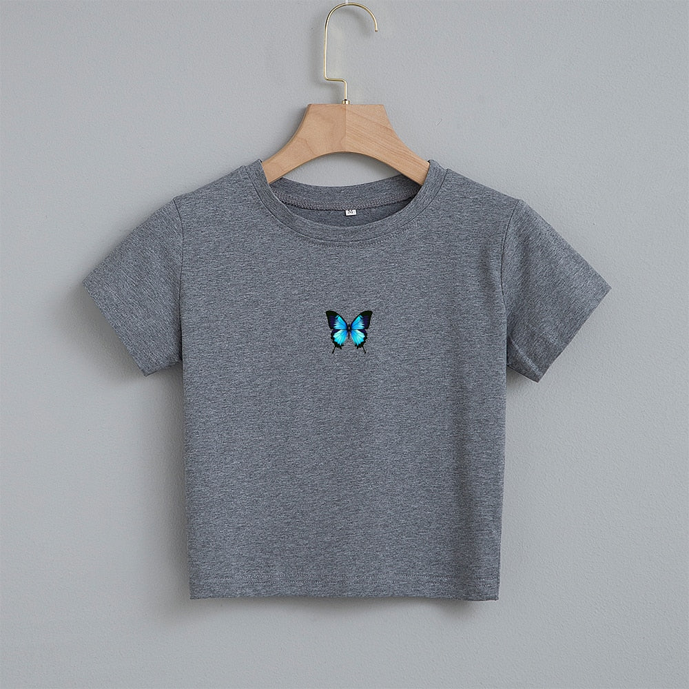 Unique Blue Butterfly Print Crop Top with a Gothic Twist