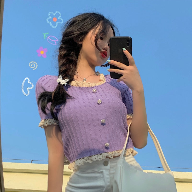 Girls Patched Lace O-Neck Knitting T-shirt