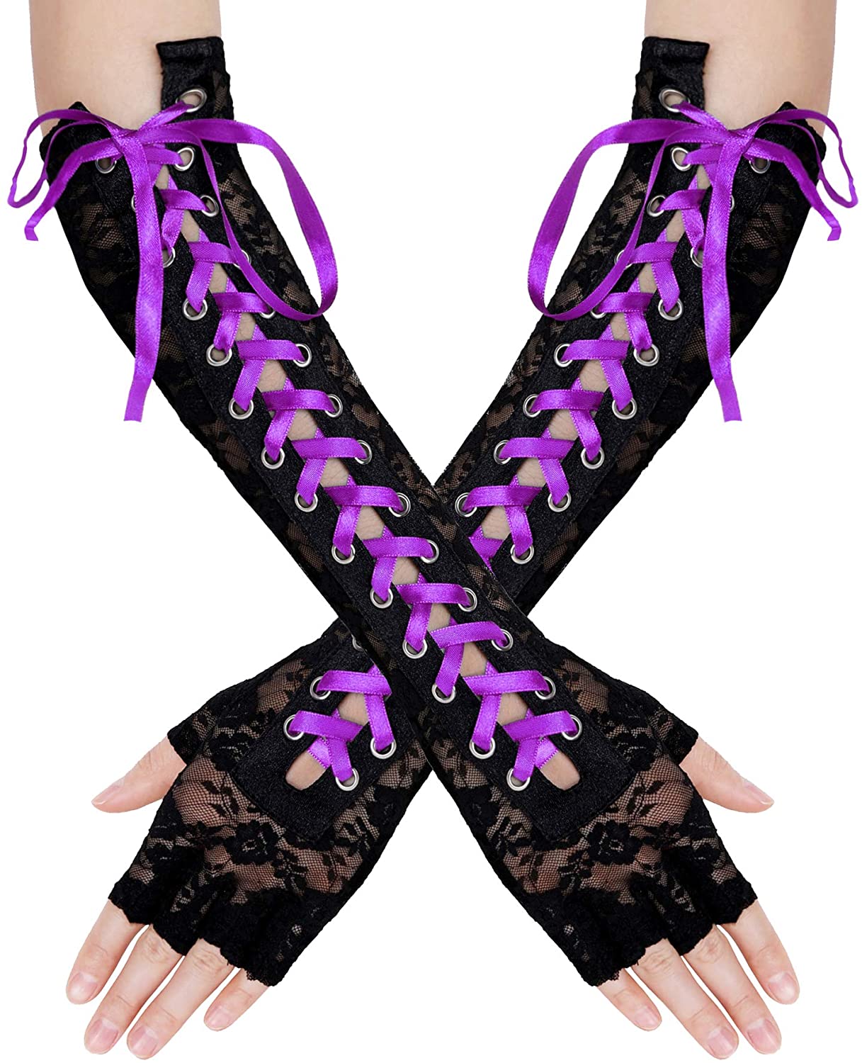 Punk Elbow-Arm Warmer Gloves with Fishnet Mesh and Laces