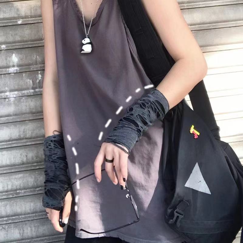 Punk Elbow-Arm Warmer Gloves with Fishnet Mesh and Laces