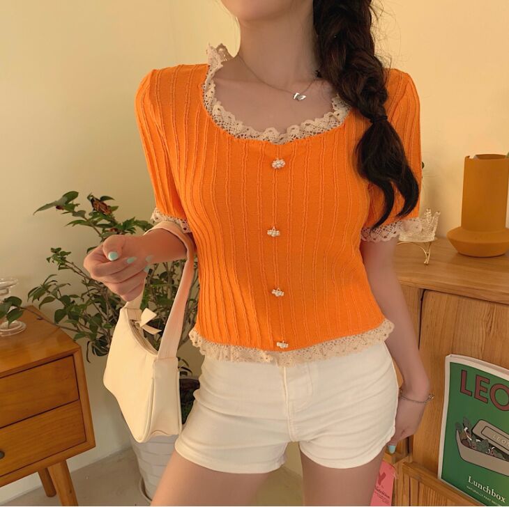 Girls Patched Lace O-Neck Knitting T-shirt