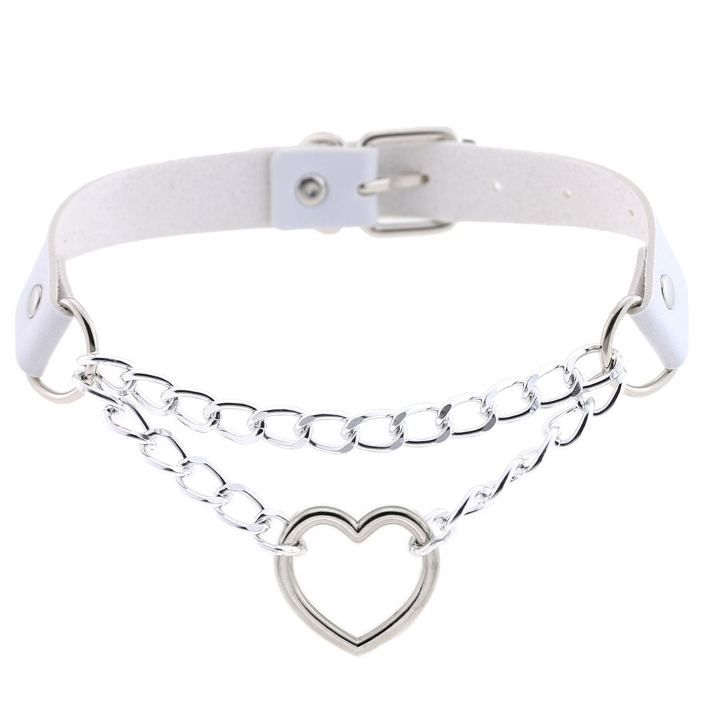 Gothic White Leather Choker Necklace with Multiple Spikes and Pendant Designs