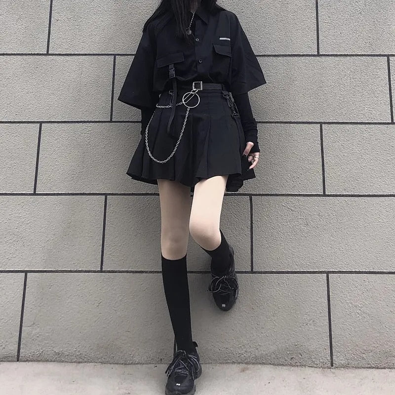 Gothic Korean  Loose BF Shirt and Skirt Set