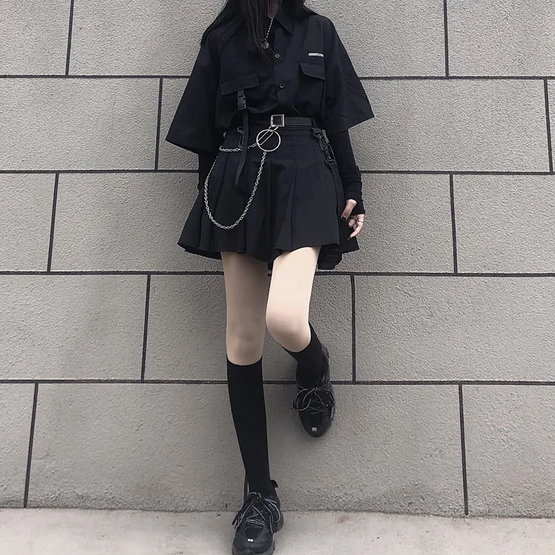 Gothic Korean  Loose BF Shirt and Skirt Set