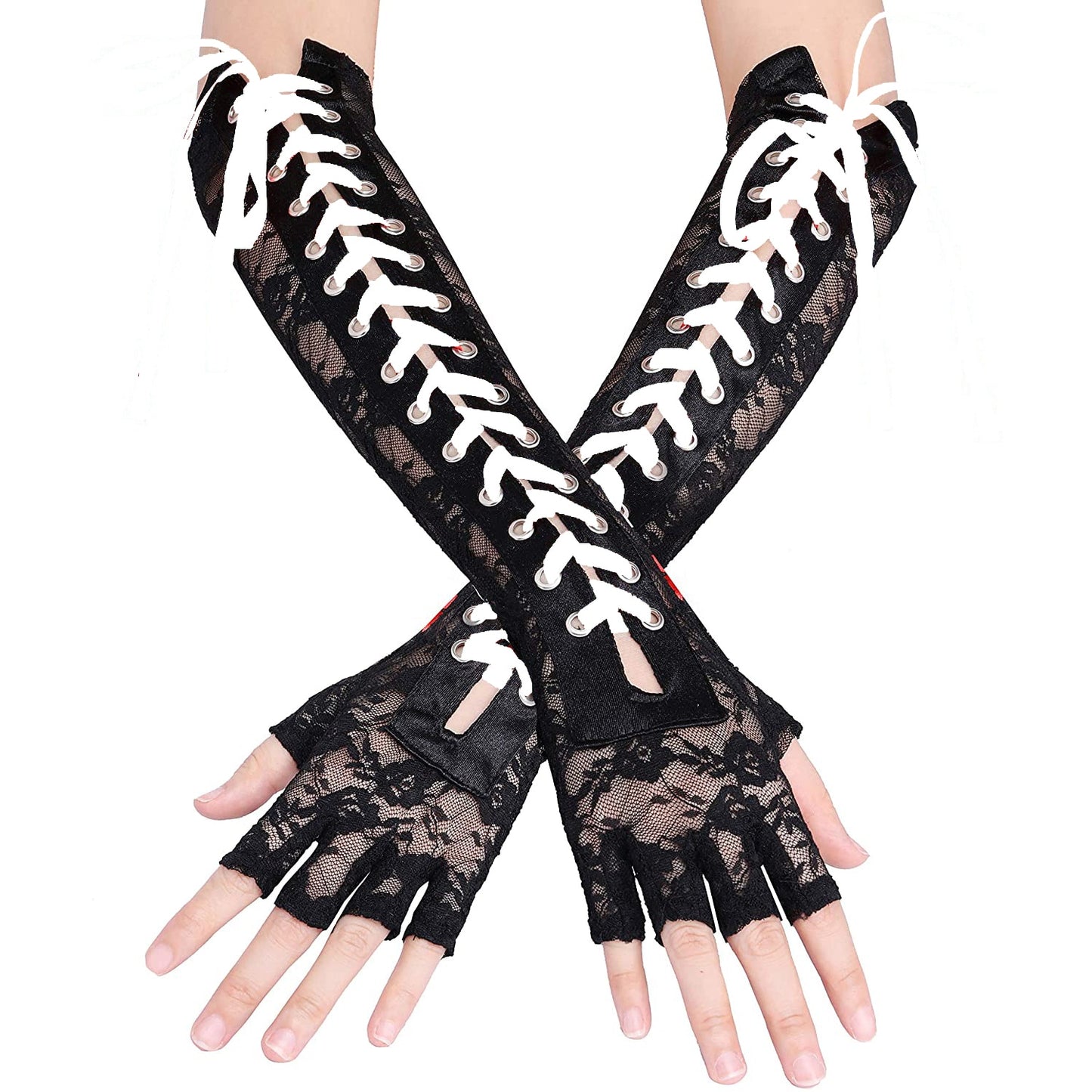 Punk Elbow-Arm Warmer Gloves with Fishnet Mesh and Laces