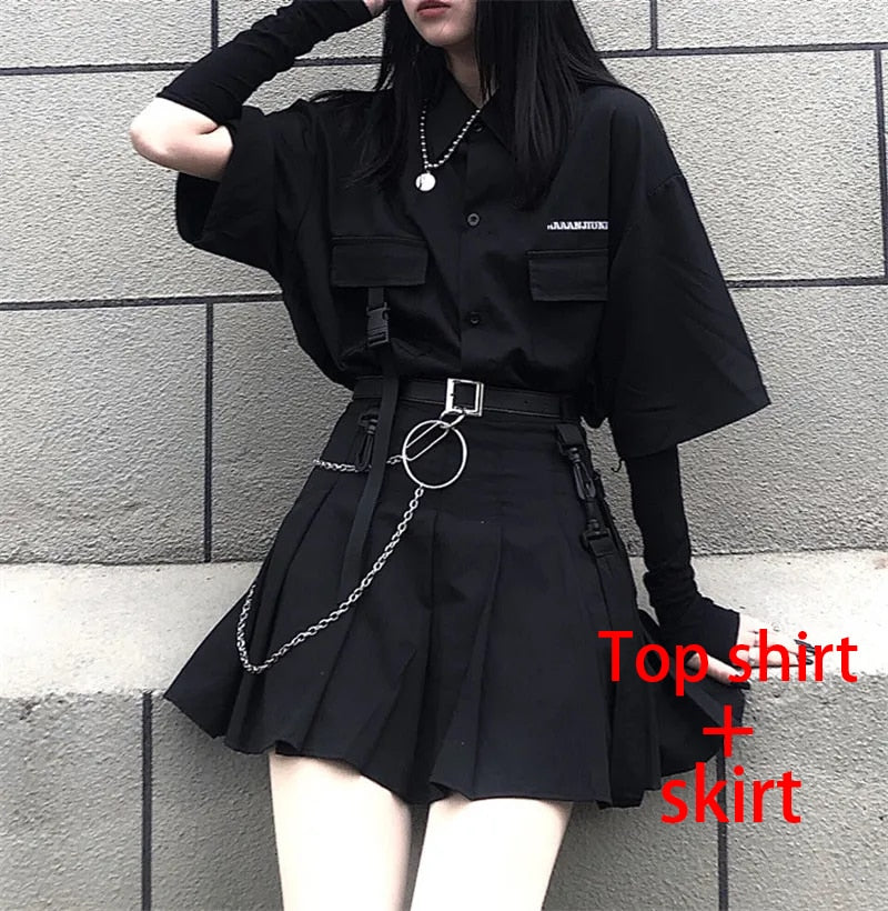 Gothic Korean  Loose BF Shirt and Skirt Set