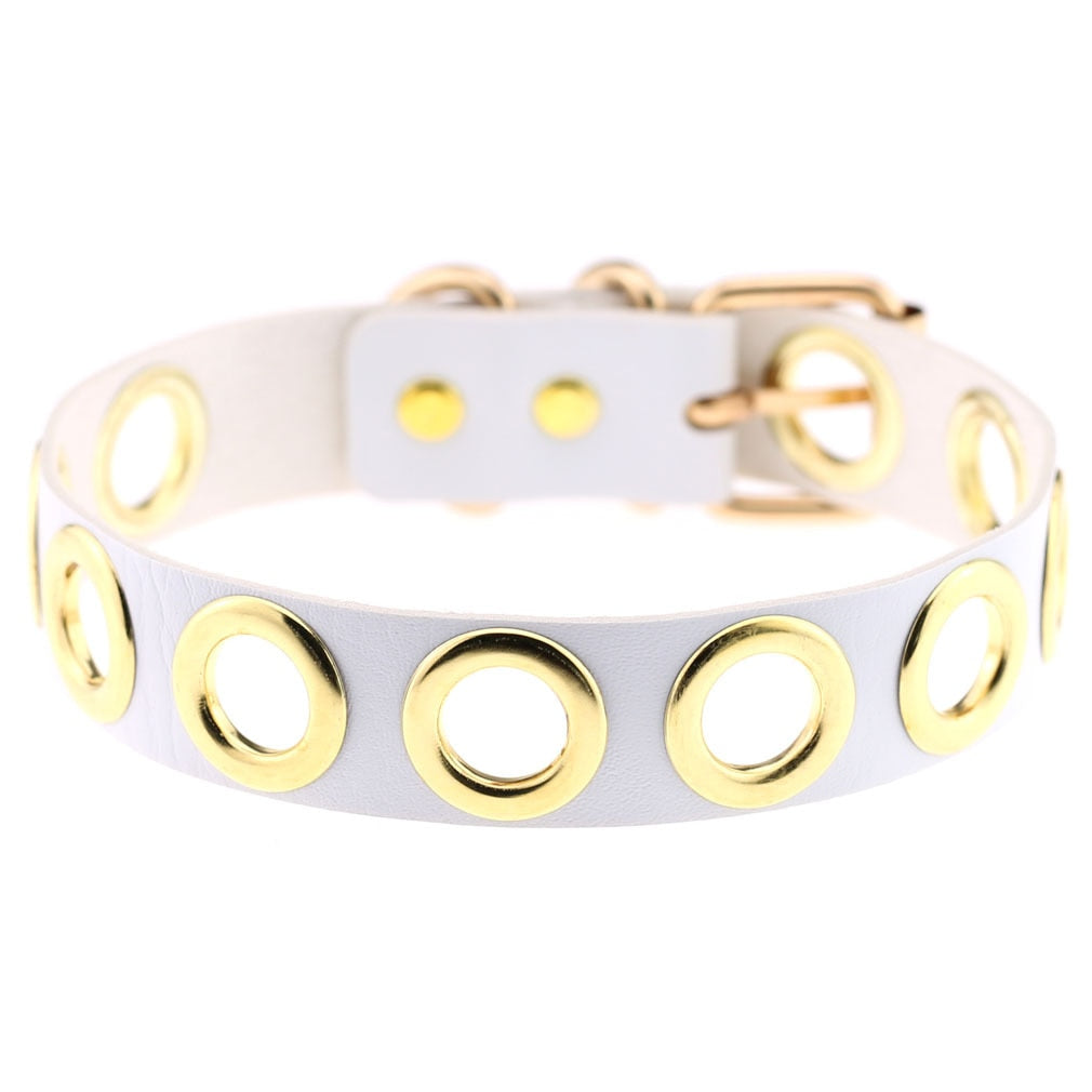 Gothic White Leather Choker Necklace with Multiple Spikes and Pendant Designs