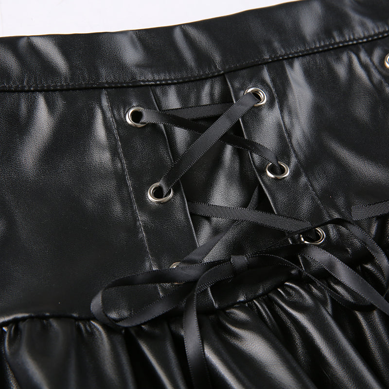 Punk Style PU Leather Mini Skirt with Lace Up Bandage