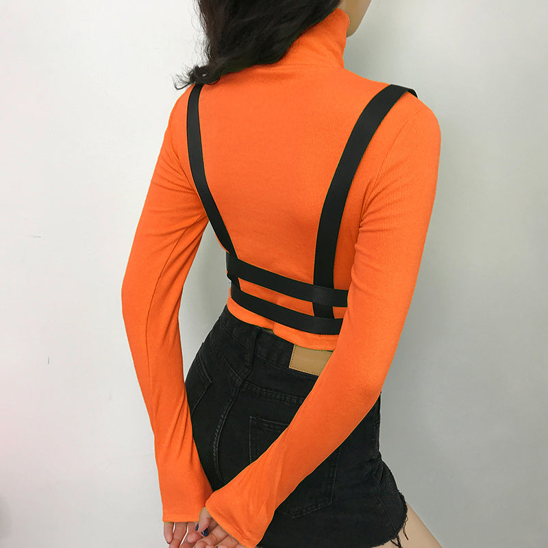 "Express your individuality with this Gothic Moto&Biker Buckle Belt Crop Top - a unique and captivating piece that sets you apart."