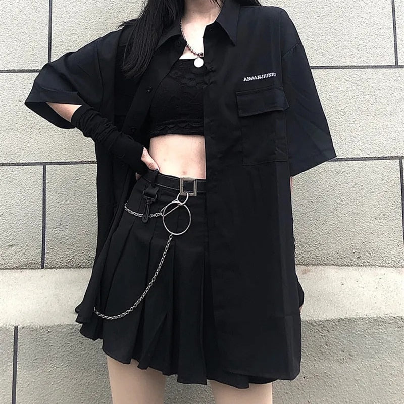 Gothic Korean  Loose BF Shirt and Skirt Set