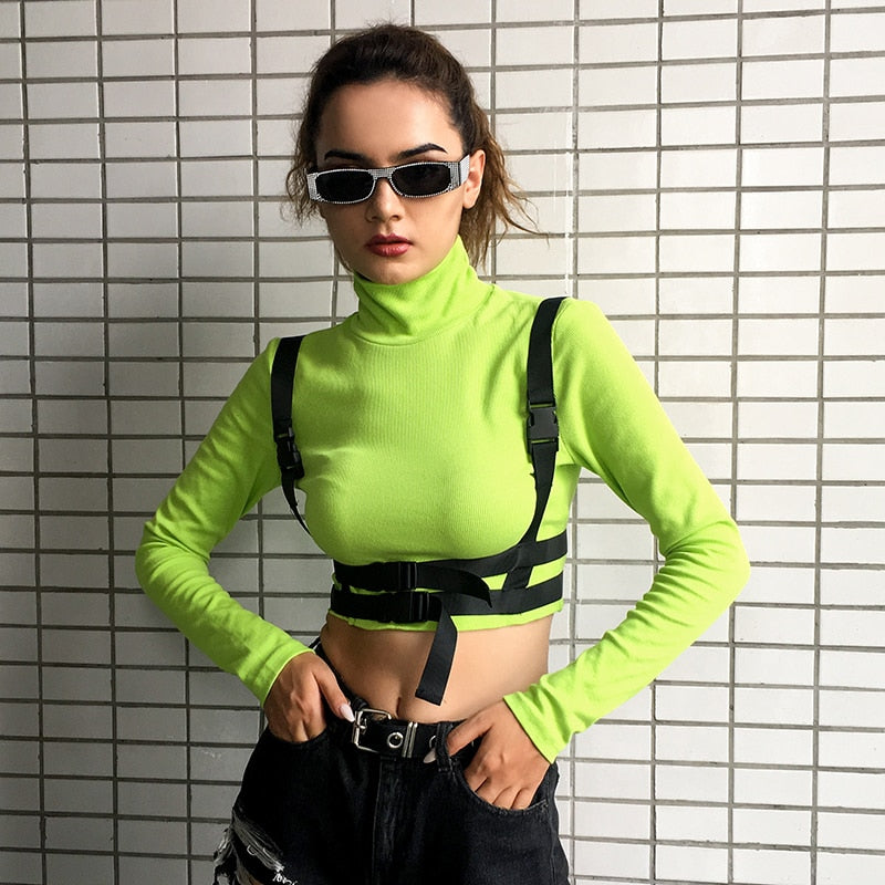 "Stay on-trend with this Gothic Moto&Biker Buckle Belt Crop Top - a must-have for those who love the biker-inspired fashion."