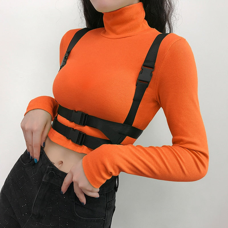 "Elevate your outfit with this Gothic Moto&Biker Buckle Belt Crop Top - a versatile piece that can be dressed up or down."