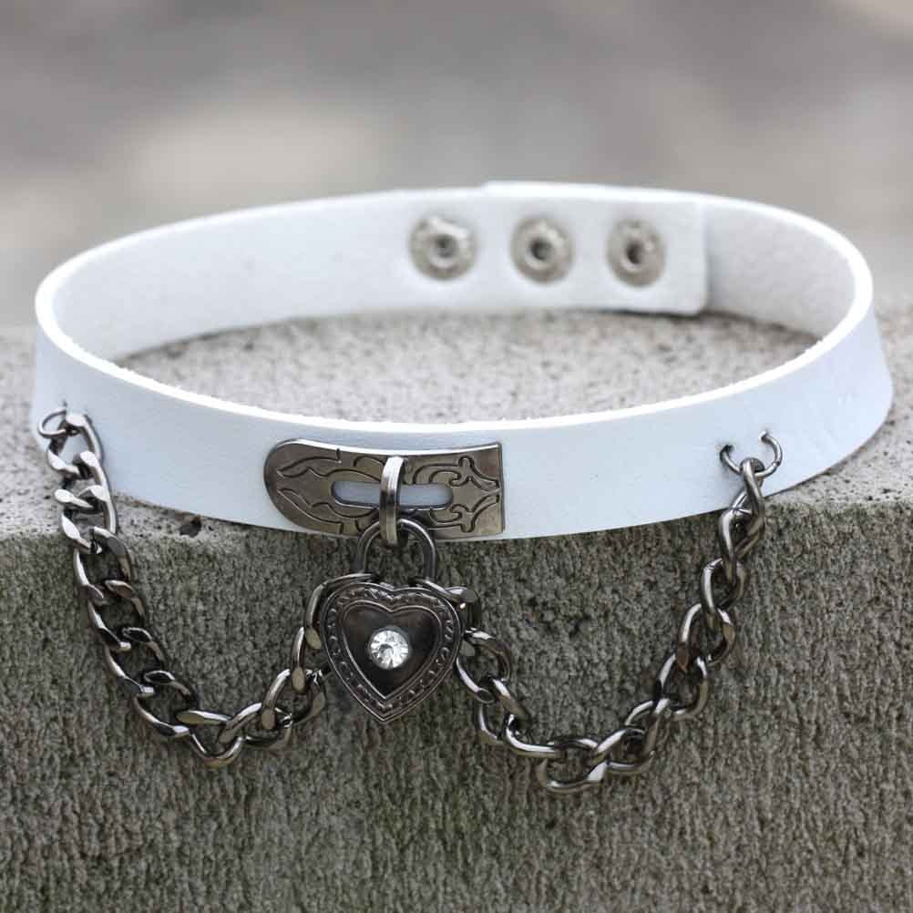 Gothic White Leather Choker Necklace with Multiple Spikes and Pendant Designs
