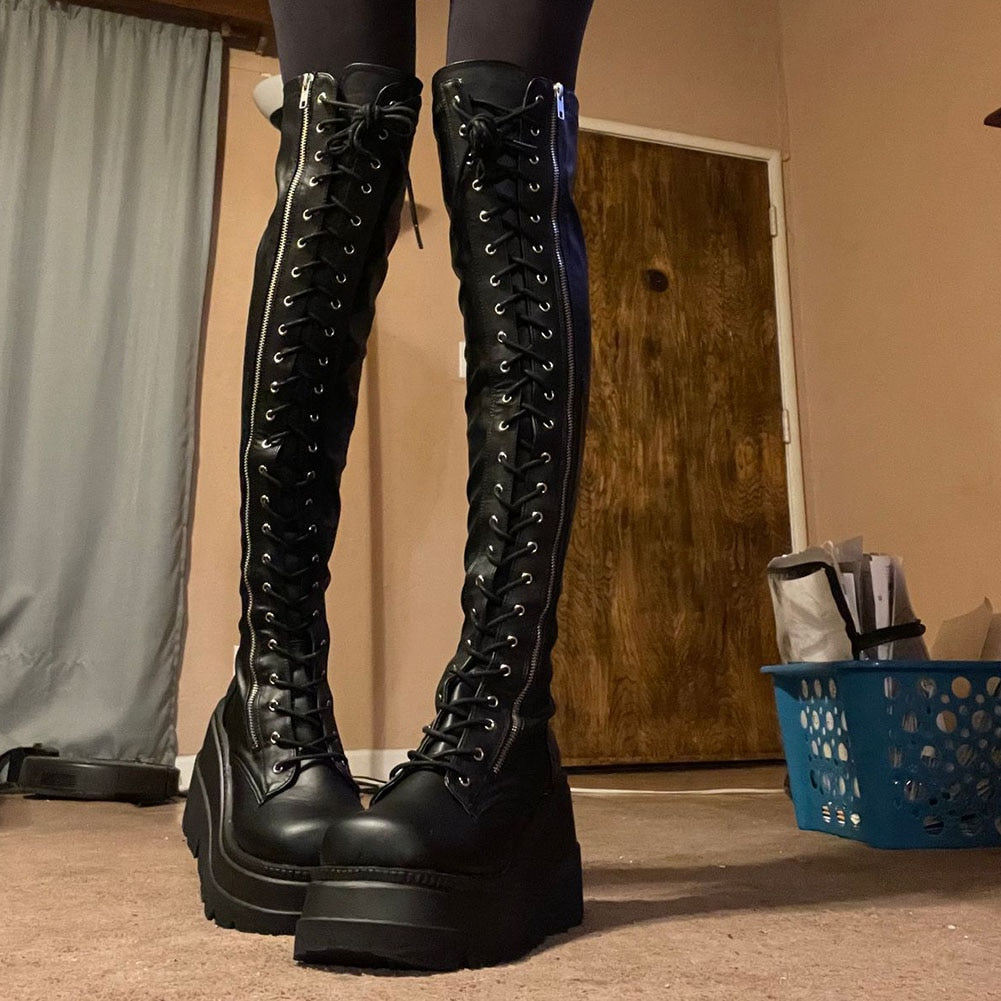 Gothic Punk Thigh High Wedge Boots with Platform