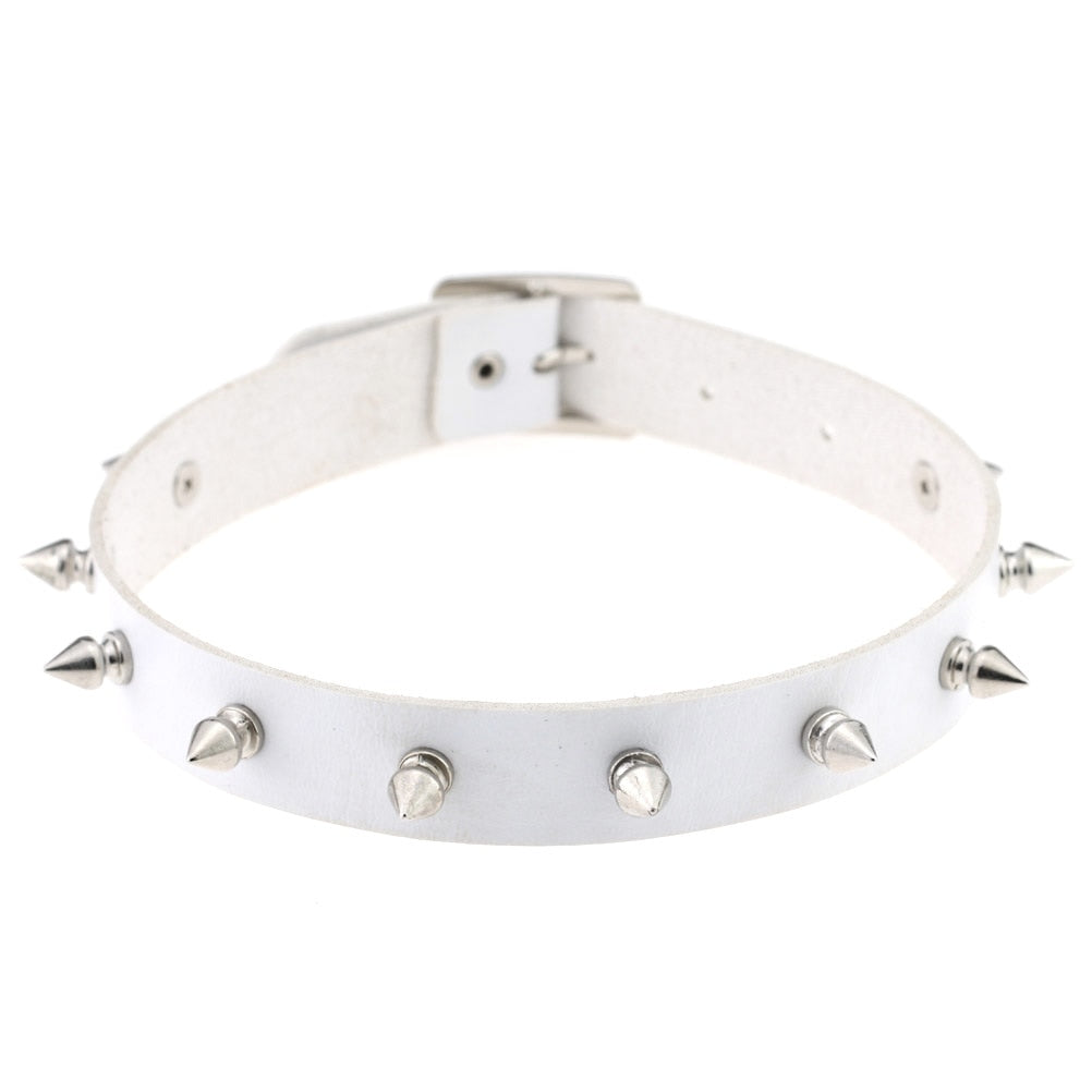 Gothic White Leather Choker Necklace with Multiple Spikes and Pendant Designs