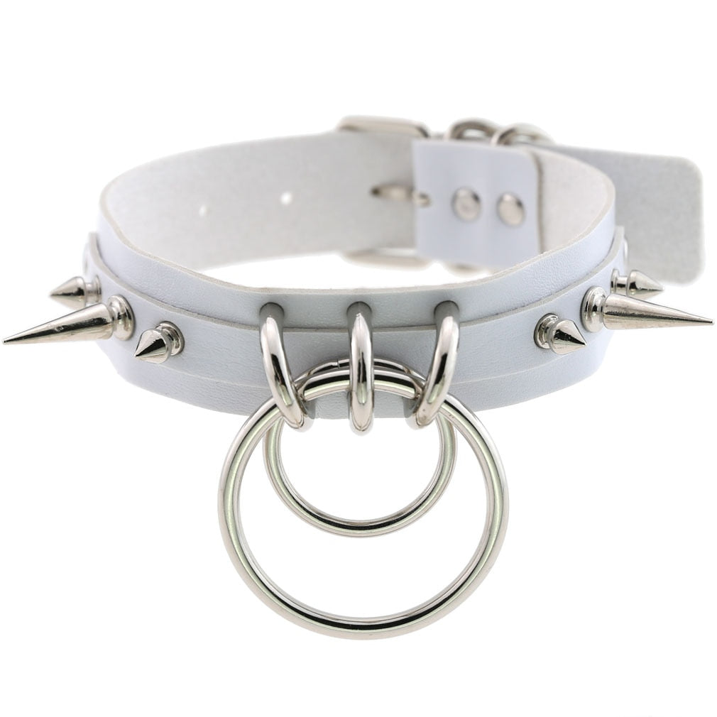 Gothic White Leather Choker Necklace with Multiple Spikes and Pendant Designs