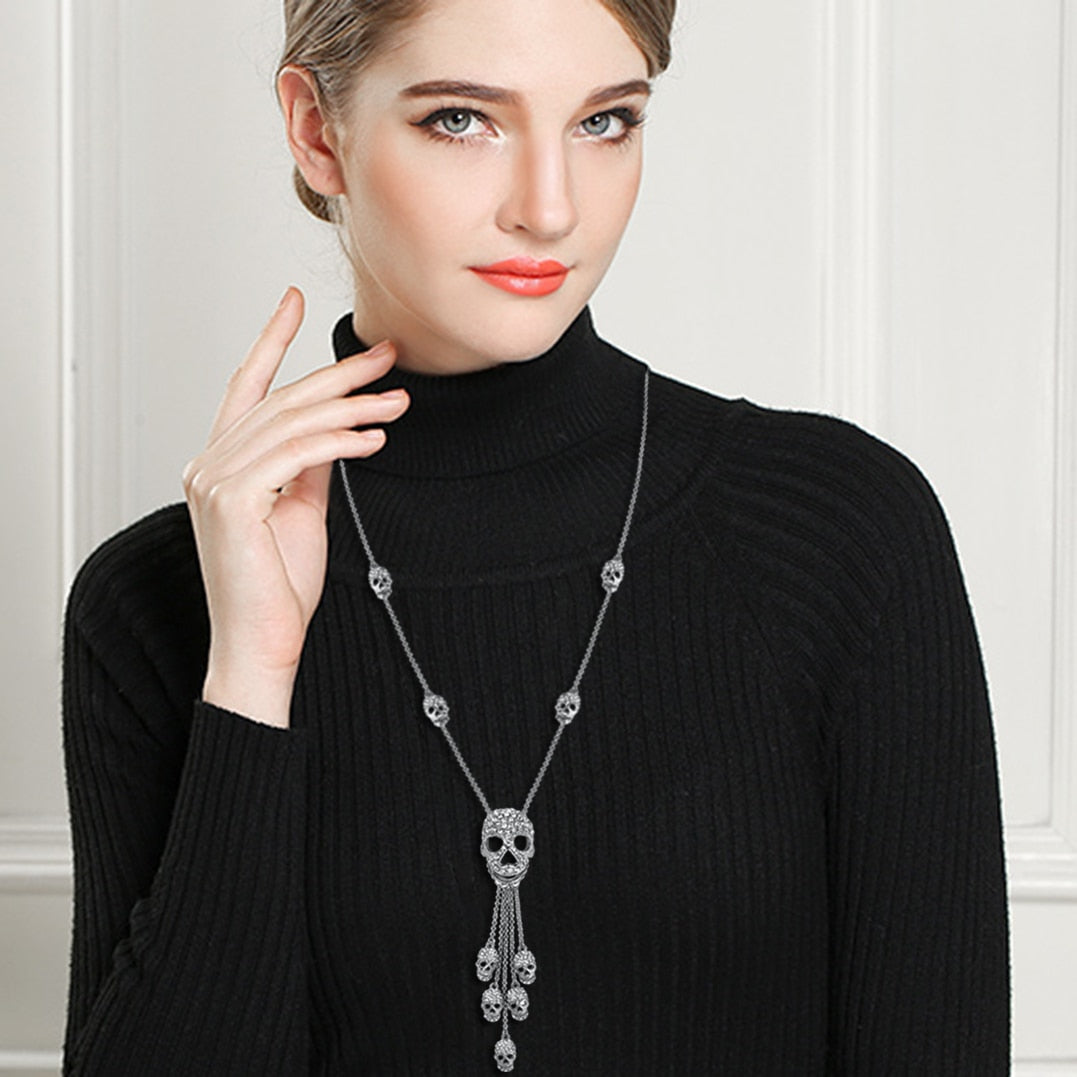 Gothic Thin Chain Necklace with Multiple Skull and Skeleton Pendant Designs