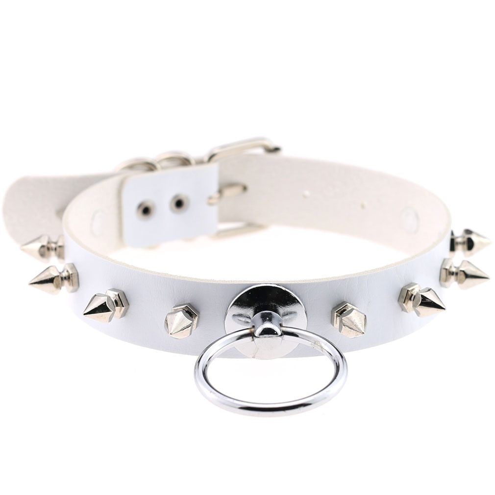 Gothic White Leather Choker Necklace with Multiple Spikes and Pendant Designs