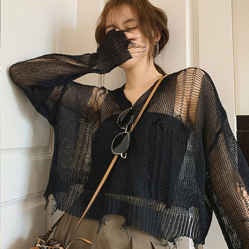 Edgy Gothic-inspired Pullover Sweater for Women with a Loose Fit"