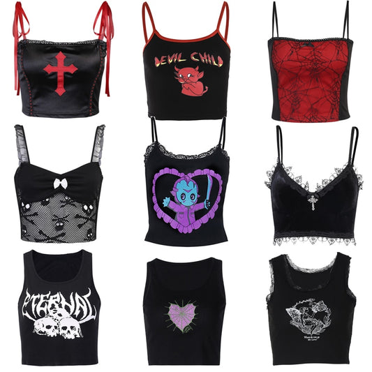 Black Gothic E-girl Grunge Corset Crop Top with lace-up detailing and silver hardware