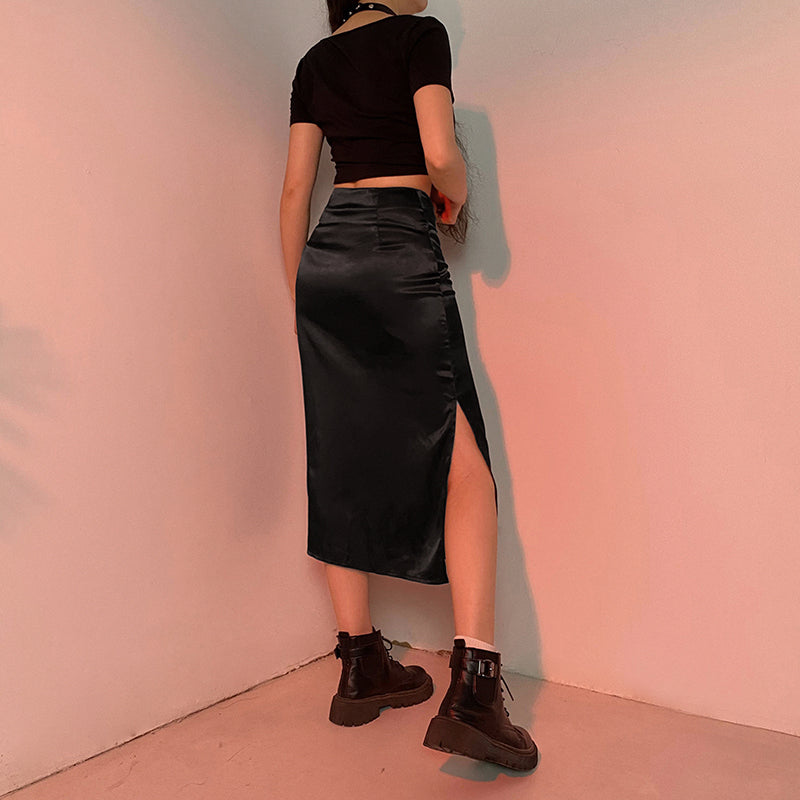 Eye-catching Vintage Satin Skirt with High Waist and Elegant Side Slit"