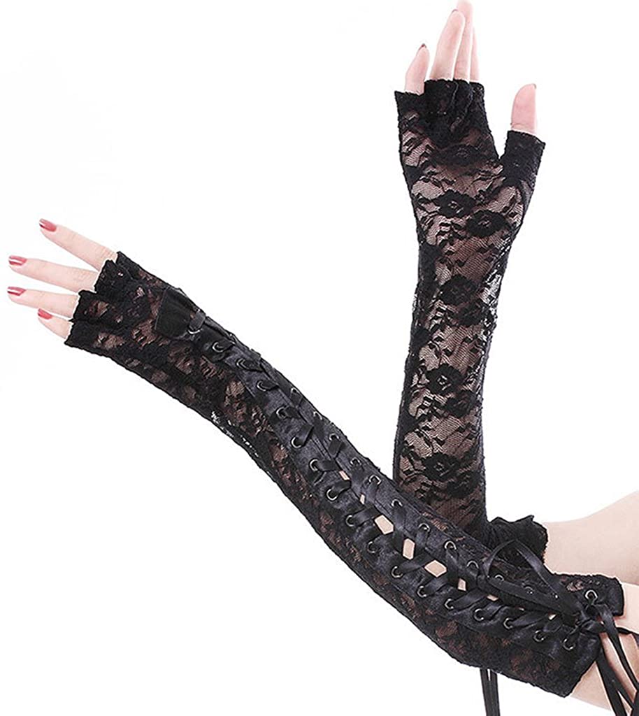 Punk Elbow-Arm Warmer Gloves with Fishnet Mesh and Laces