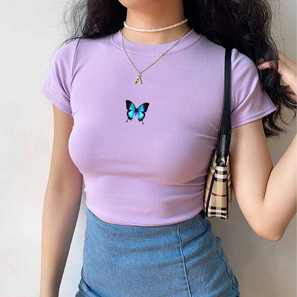 Stylish Gothic Harajuku Crop Top with Blue Butterfly Design