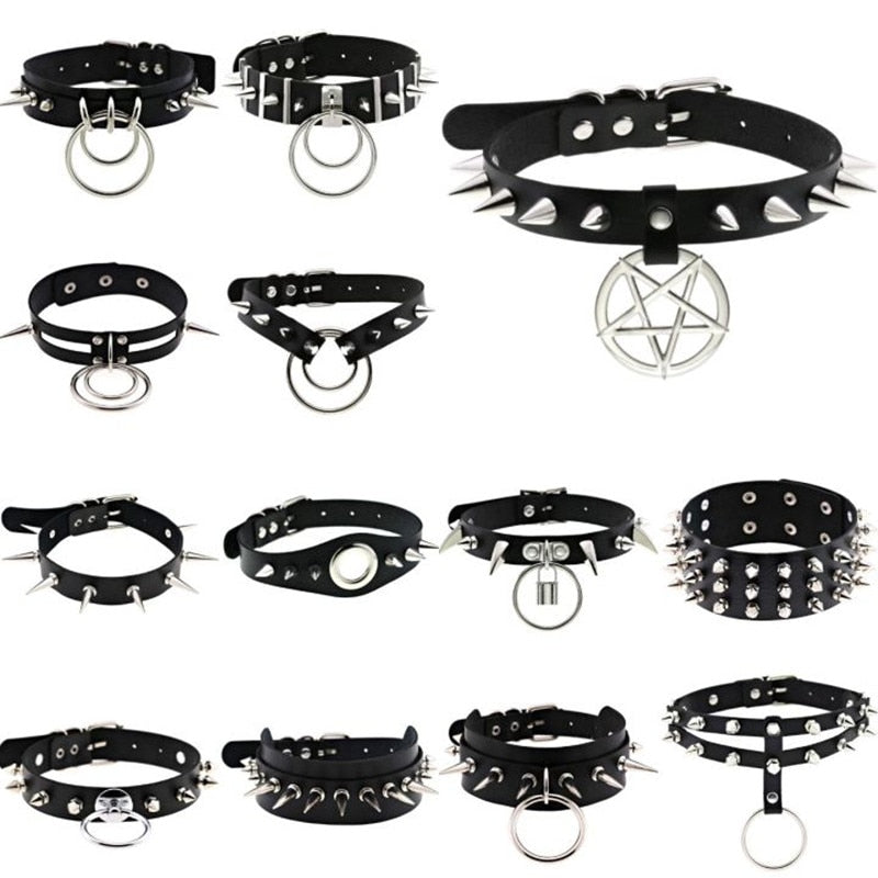 Gothic Choker Strap Necklaces with Multiple Spike and Pendant Designs