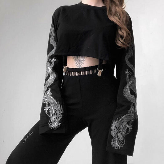 Gothic Cool Girl Dragon Pattern T-Shirt