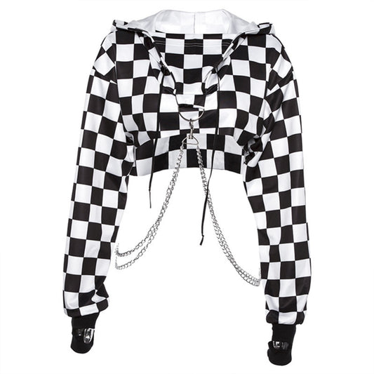Gothic Plaid Casual Streetwear Hoodie Crop Top