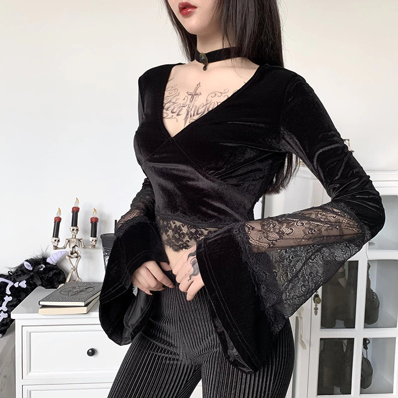 Gothic Style Flare Sleeve Tee with Lace Trim: Embrace gothic style with this flare sleeve tee adorned with lace trim for a touch of romance.