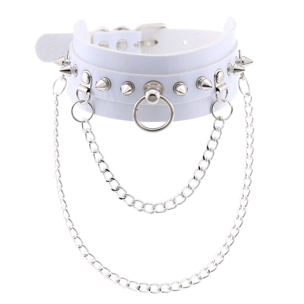 Gothic White Leather Choker Necklace with Multiple Spikes and Pendant Designs