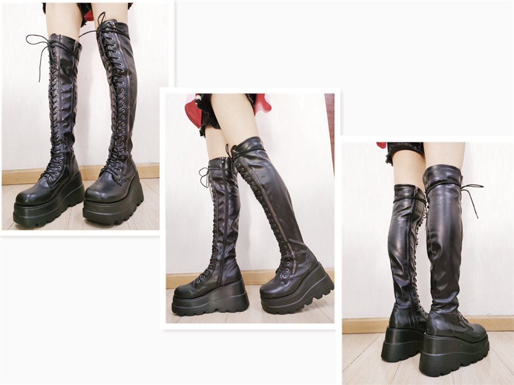 Gothic Punk Thigh High Wedge Boots with Platform