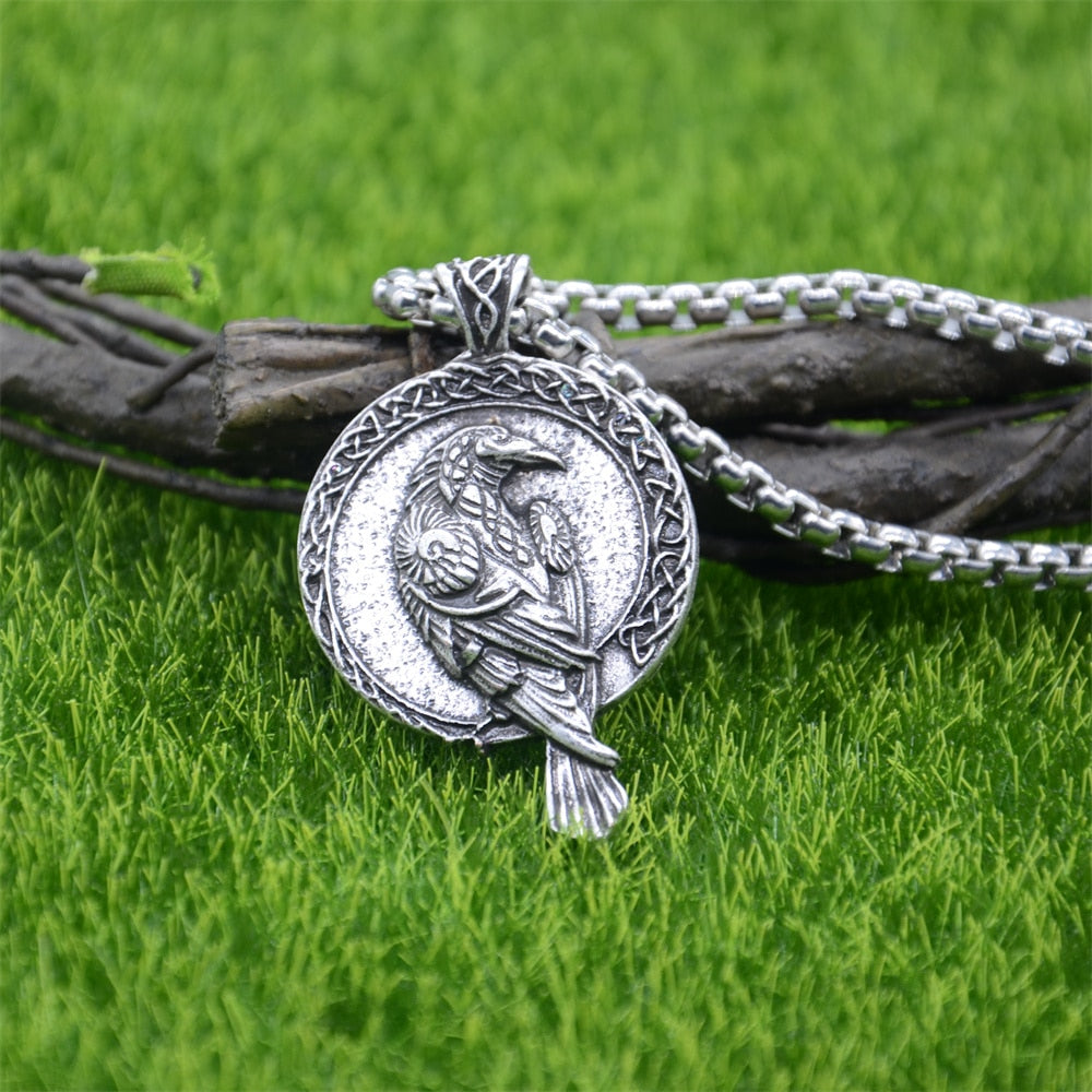 Gothic Thin Chain Necklace with Odin Raven Talisman Pendant