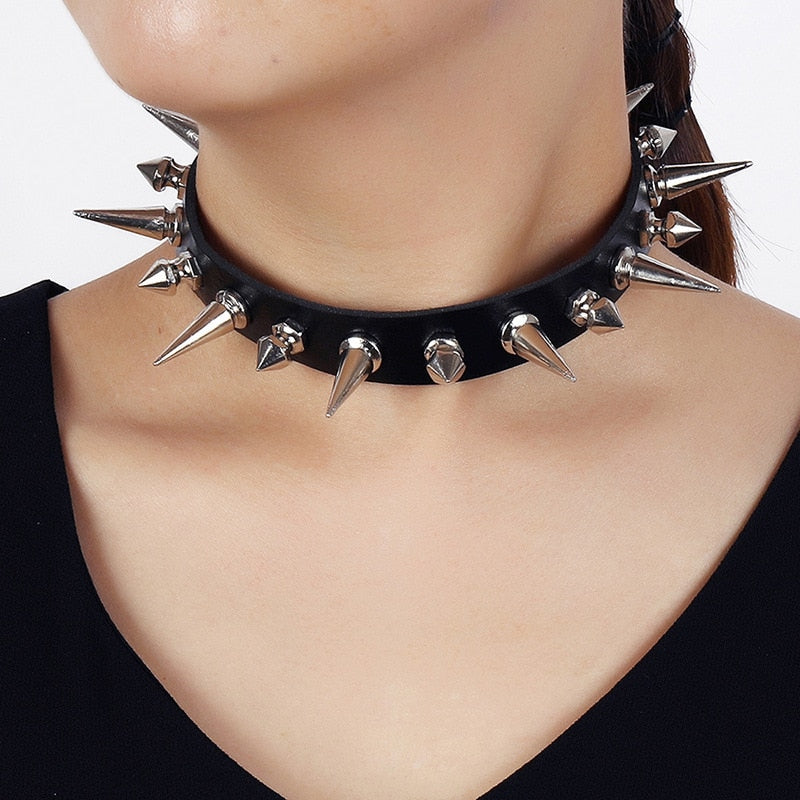 Gothica-Clothing Punk Long Spike Choker Leather Collar