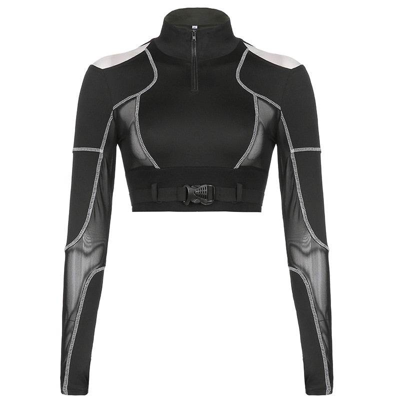 Black Gothic Techwear Shirt for Women with Hollow Out Sleeves and an eye-catching style"