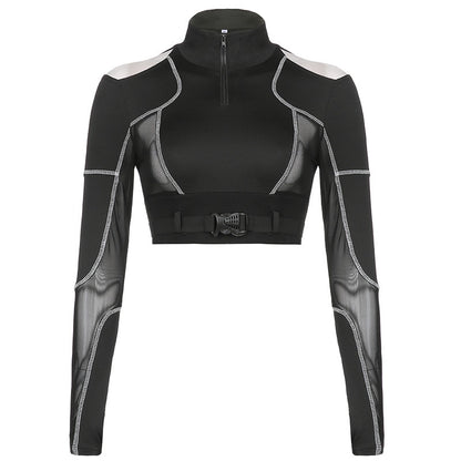 Black Gothic Techwear Shirt for Women with Hollow Out Sleeves and an eye-catching style"