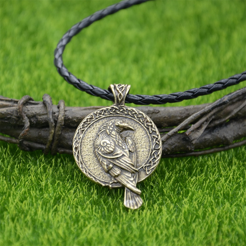Gothic Thin Chain Necklace with Odin Raven Talisman Pendant