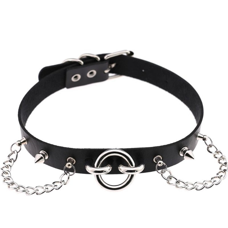 Gothic Choker Necklace with Spikes, Chains and Pendants
