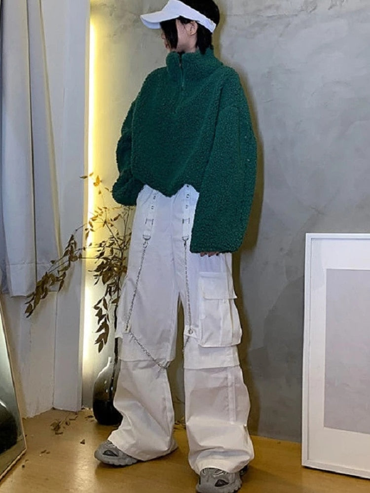 Gothic White Cargo Pants with Chain