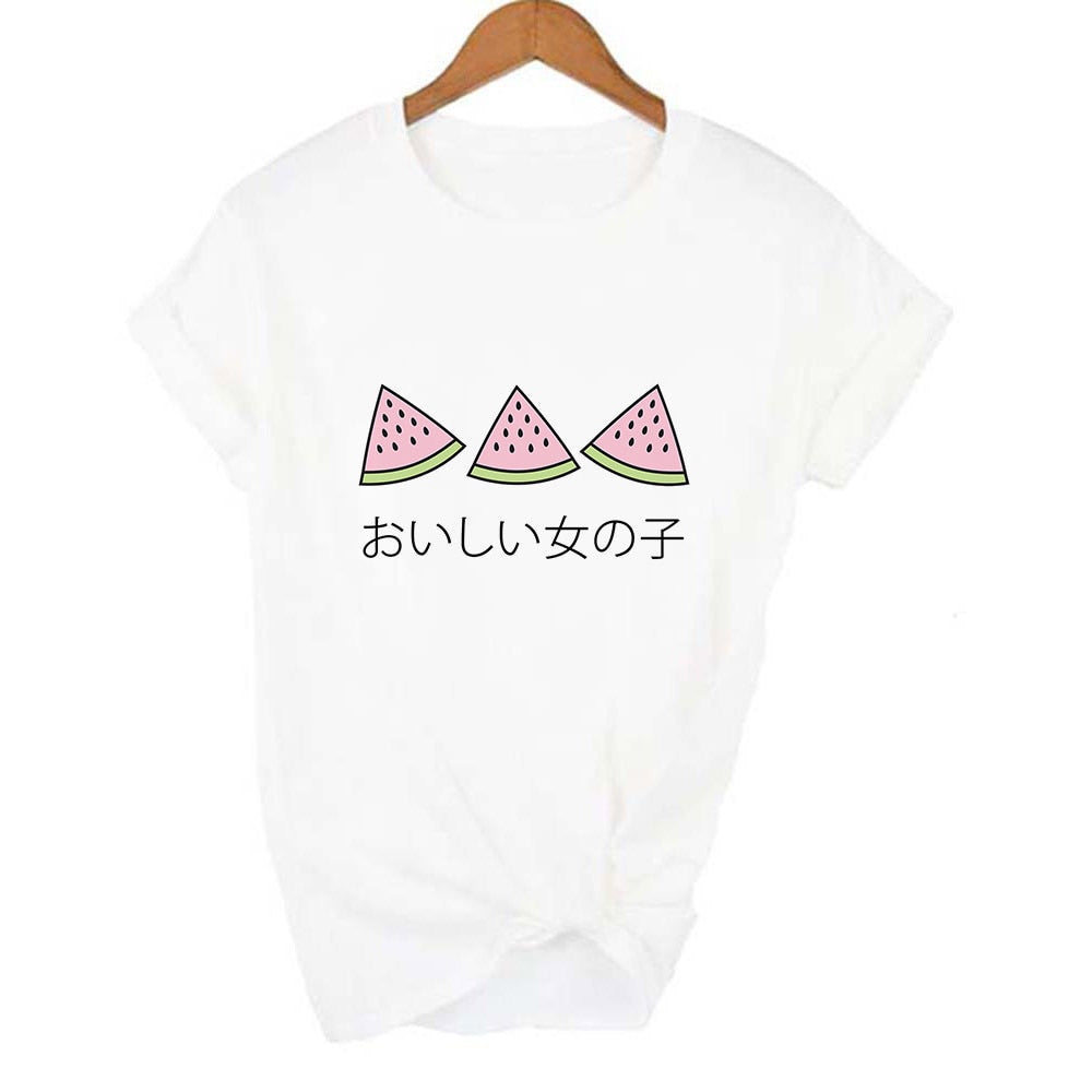 Japanese 90s Aesthetic Strawberry T-Shirt in white with cute strawberry graphic