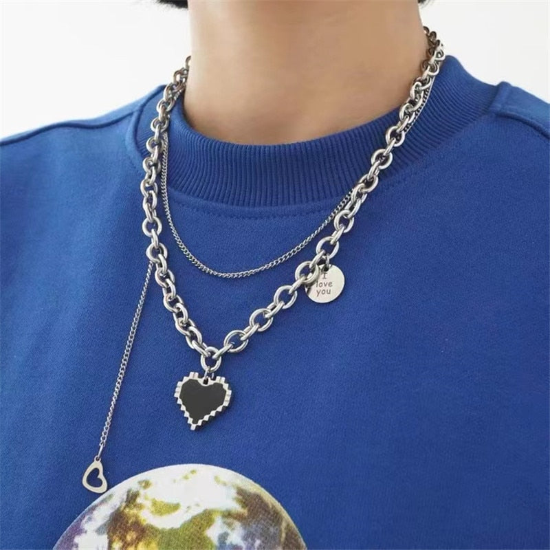 Gothic Layered Chain Necklaces with Retro Heart and Butterfly Pendants