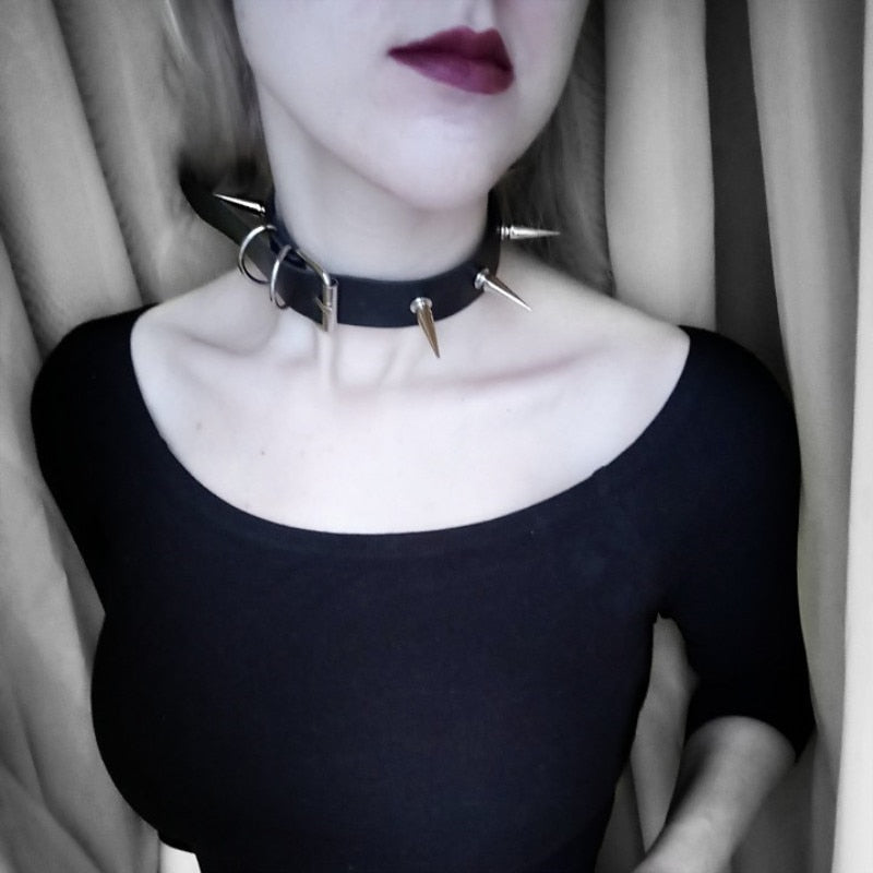 Gothic Choker Necklace with Spikes, Chains and Pendants