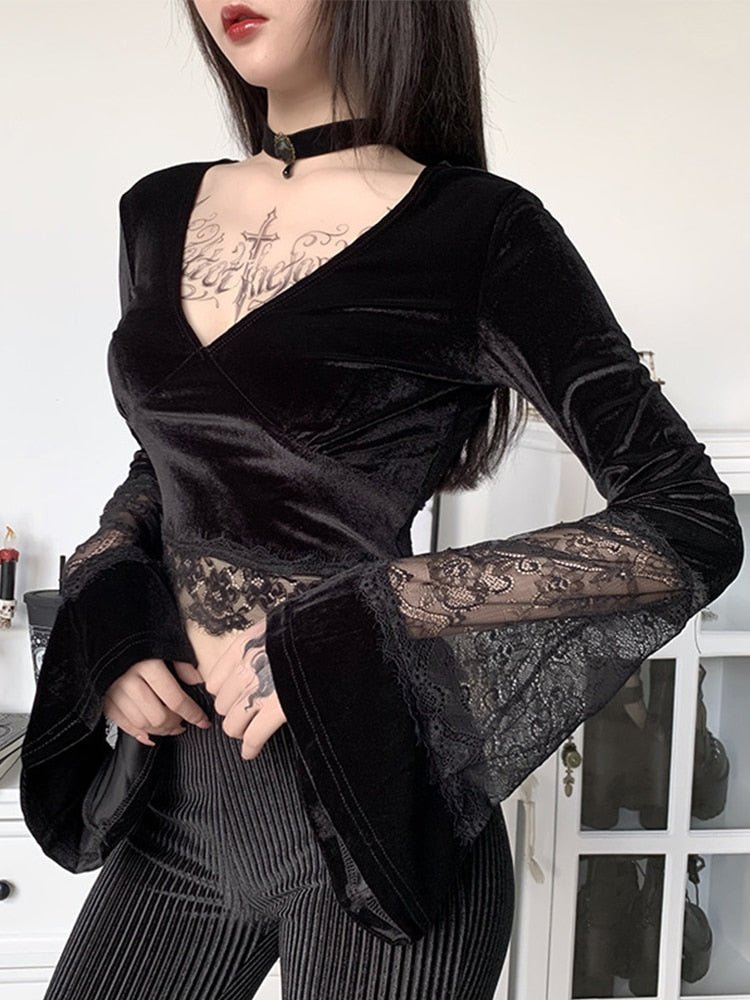 Dark Aesthetic Lace Patchwork T-shirt: Embrace the dark aesthetic with this lace patchwork t-shirt that exudes mystery and allure.