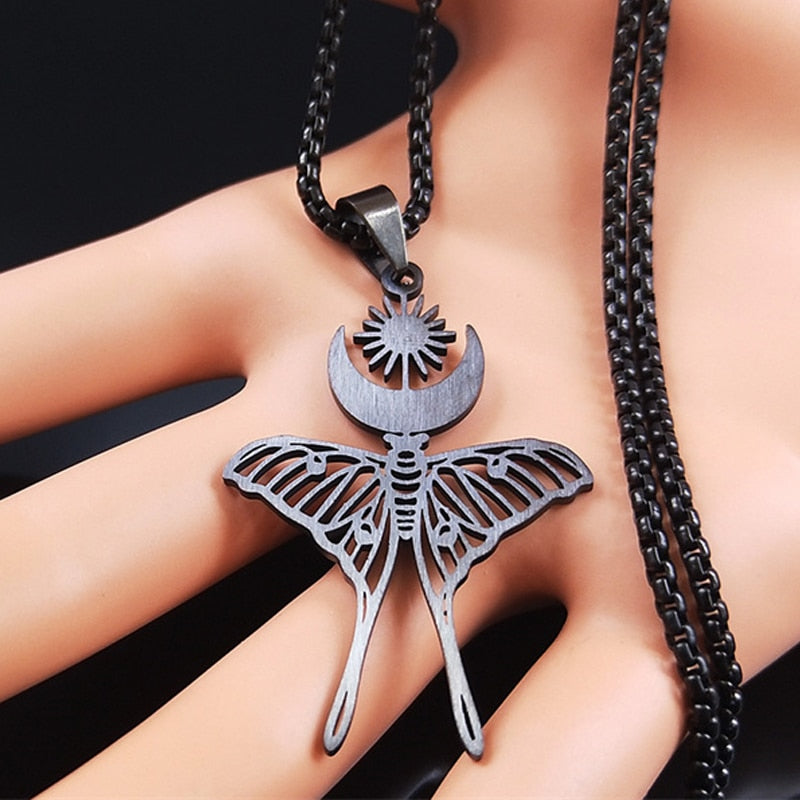 Gothic Chain Necklace with Butterfly Wicca Moon Pendant