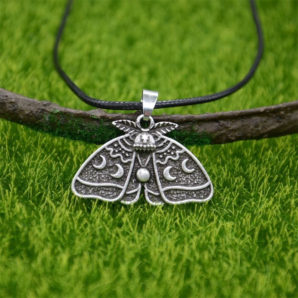 Gothic Dead Moth Pendant With Crescent Moon And Sun