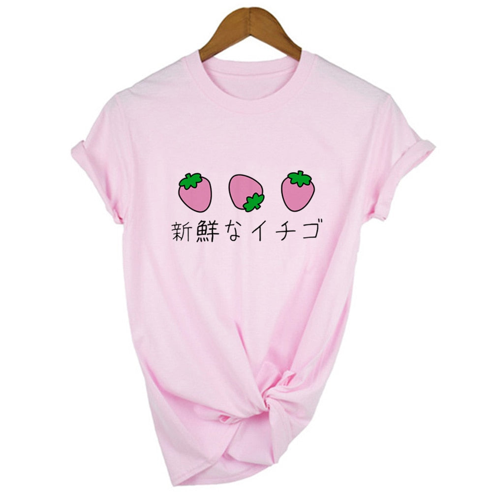 Japanese 90s Aesthetic Strawberry T-Shirt in white with cute strawberry graphic