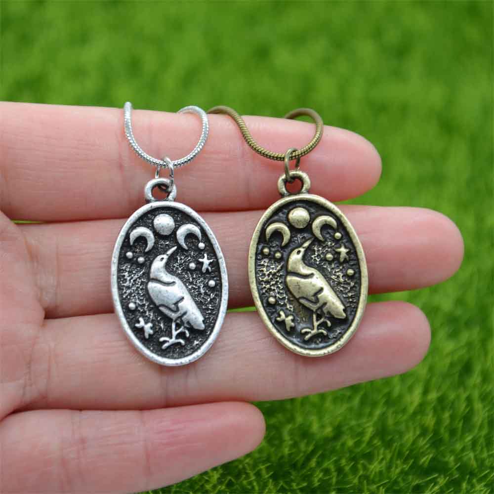 Gothic Thin Chain Necklace with Odin Raven Talisman Pendant