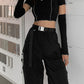 "Dark and alluring Gothic crop top with unique patchwork and sexy open shoulder cut."