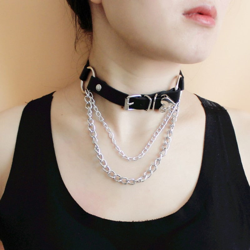 Gothic Choker Necklace with Spikes, Chains and Pendants